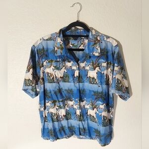 Roper Vtg Hawaiian Horse Blue/White Short Sleeve Button Up Shirt Women's Size L